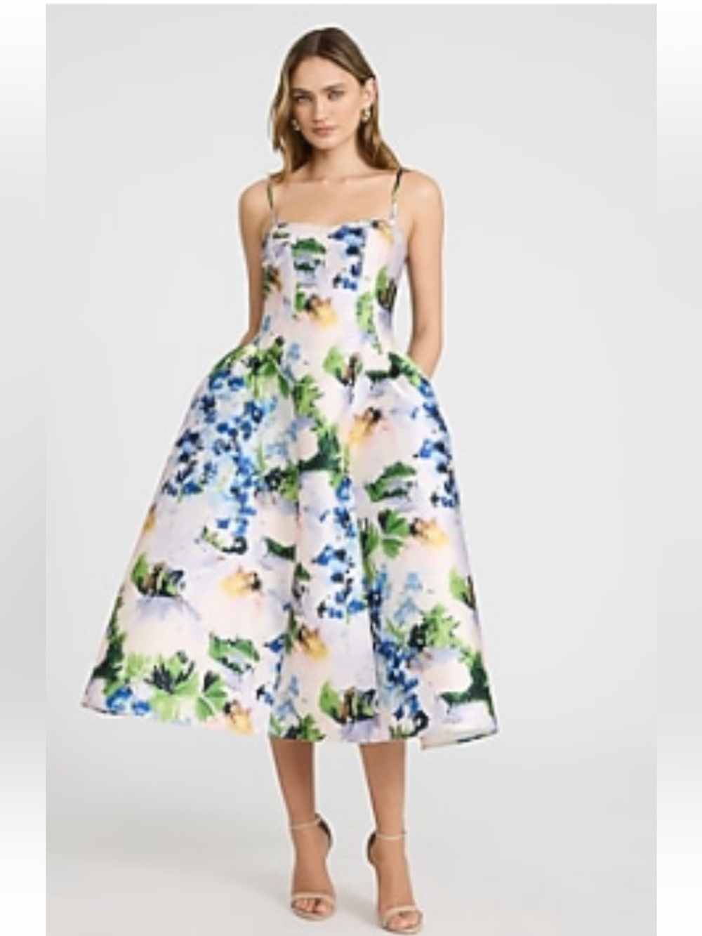 Express Floral Satin Sweetheart Basque Waist Midi Fit & Flare Dress w/Pockets